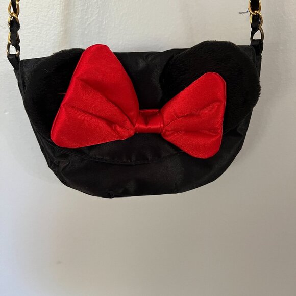 Disney's Minnie Mouse Black Satin Crossbody Bag With Red Bow & Fur Ears Gold Cha - Picture 3 of 4